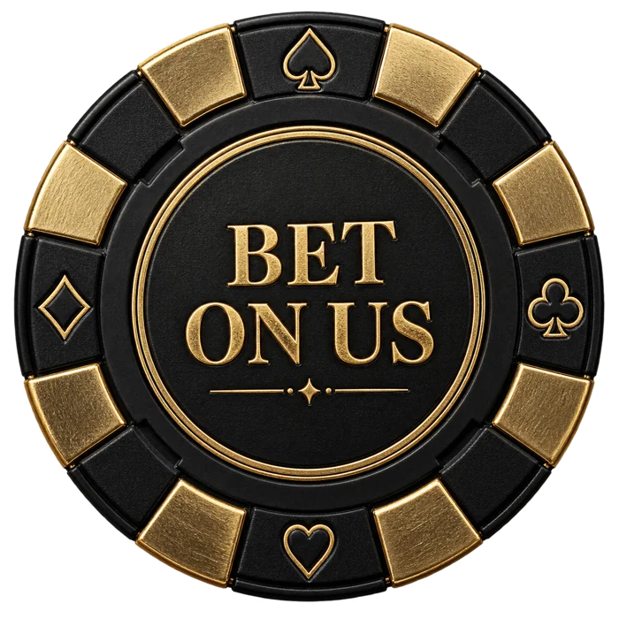 Black poker chip with gold inlay that says Bet on Us